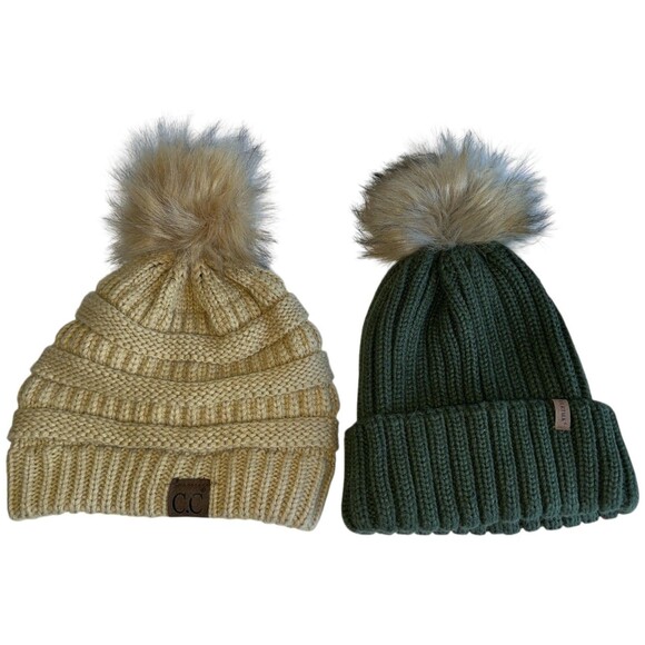 CC Beige Knit Beanie FURTALK Green Faux Fur Pom Hat Womens Winter Lot - Picture 3 of 16